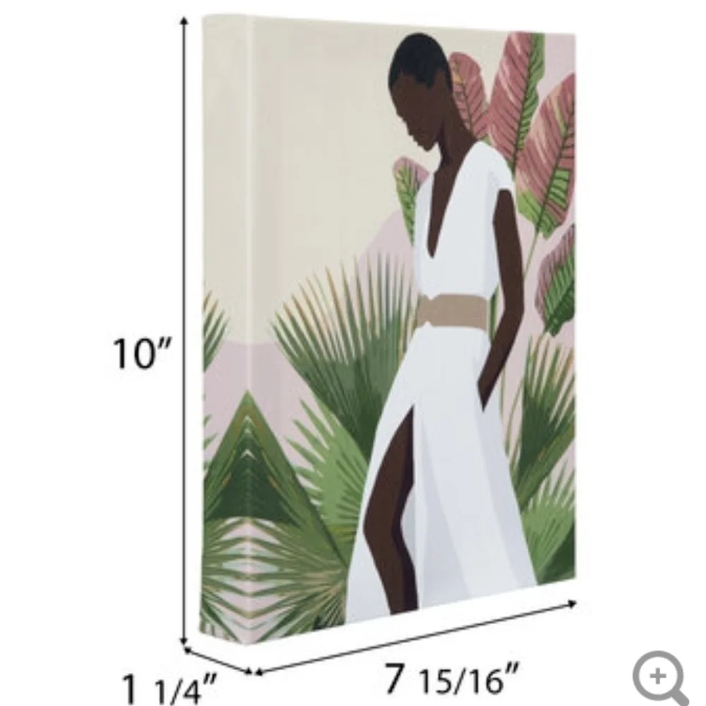 Modern Woman in a White Dress & Palm Leaves Canvas Wall Decor 10 x 8 NWT